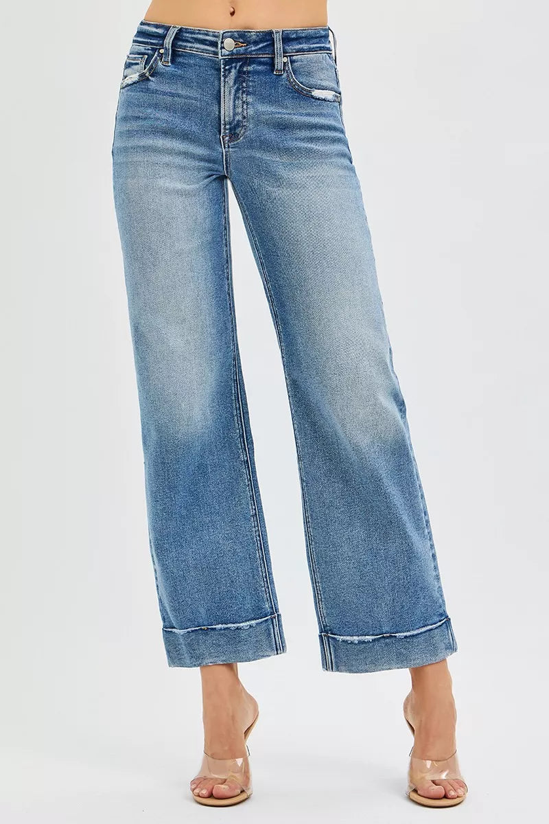 RISEN Crop Straight Jeans - Mid Rise Cuffed Hem - Fashions Envy