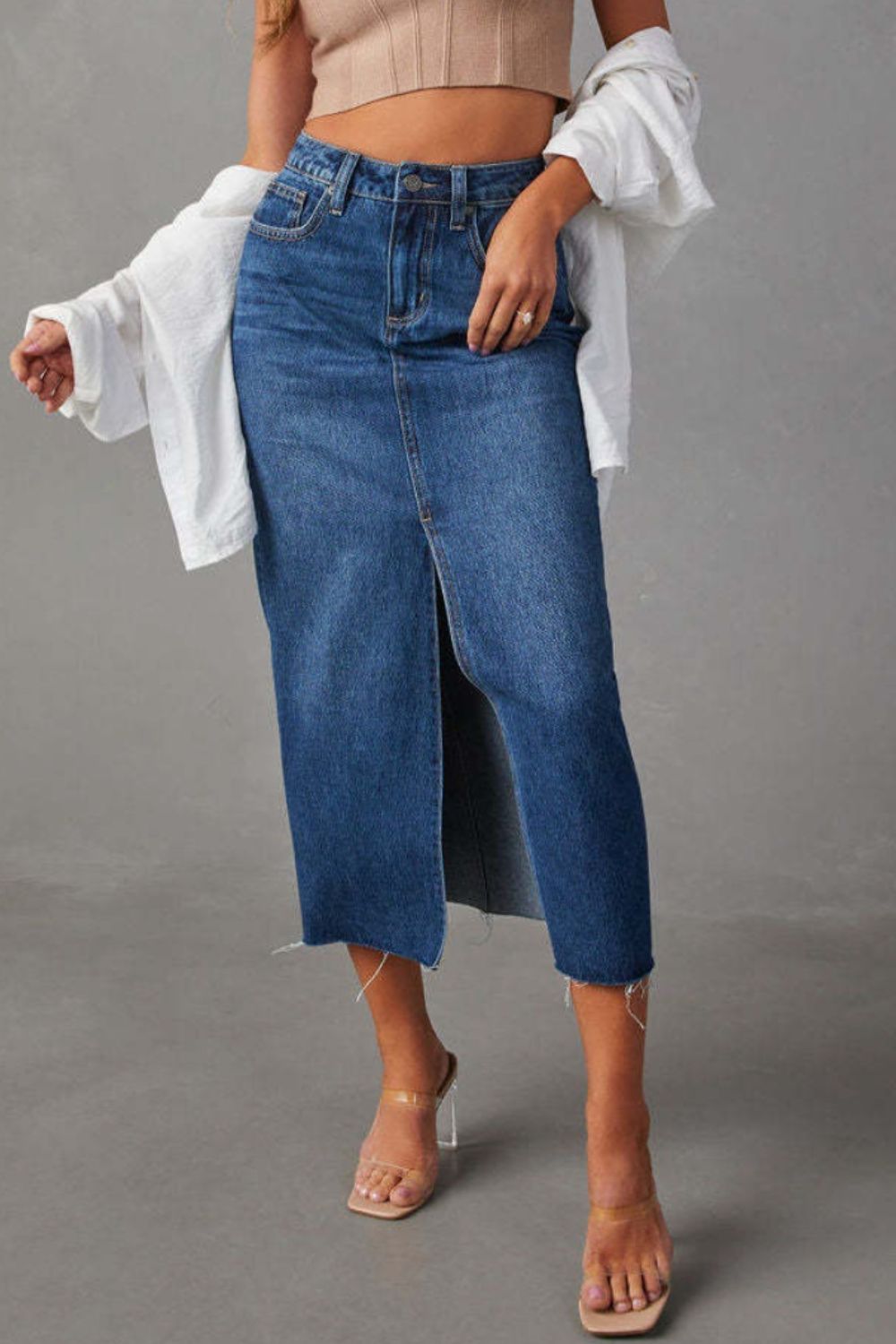 Slit Raw Hem Midi Denim Skirt - Fashions Envy