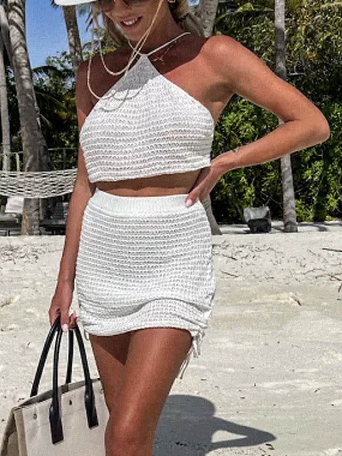 Tied Top and Drawstring Mini Skirt Set - Fashions Envy