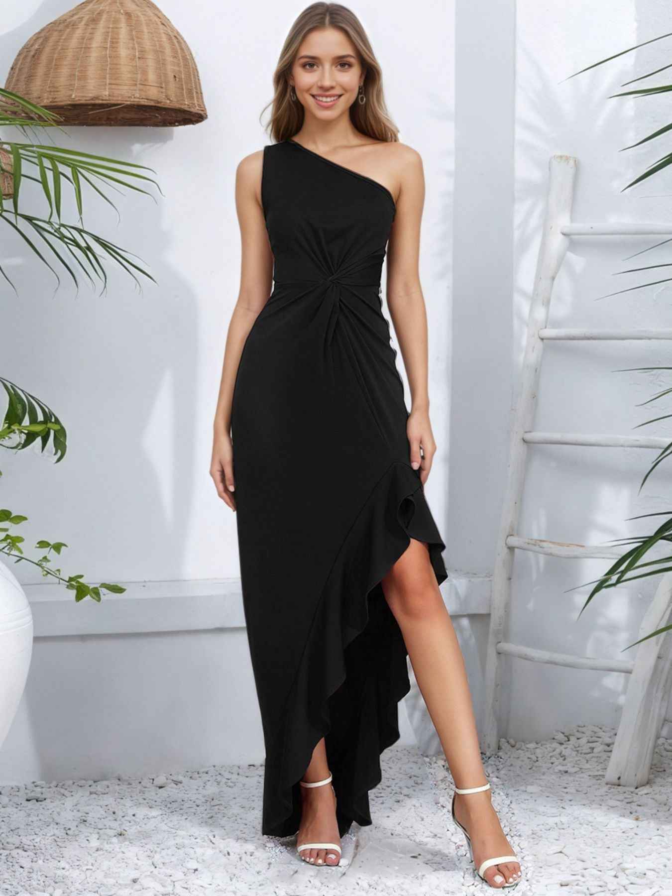 Ruffled Maxi Dress - One-Shoulder Ruffle Hem Gown
