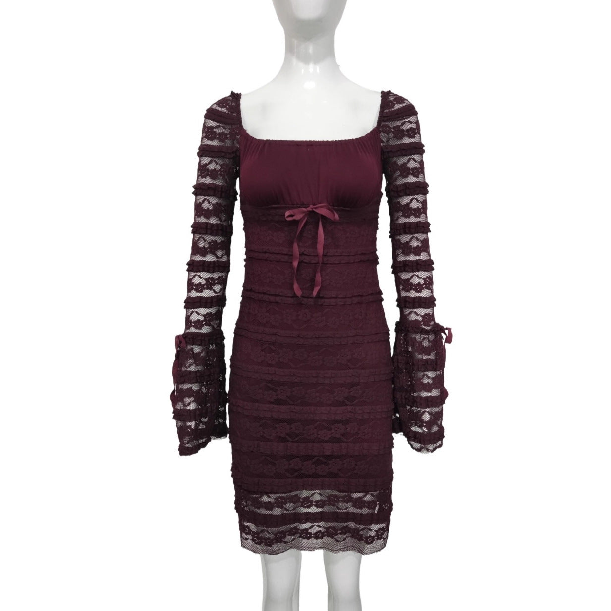 Square Neck Lace Mini Dress - Bell Sleeve Bodycon Fit