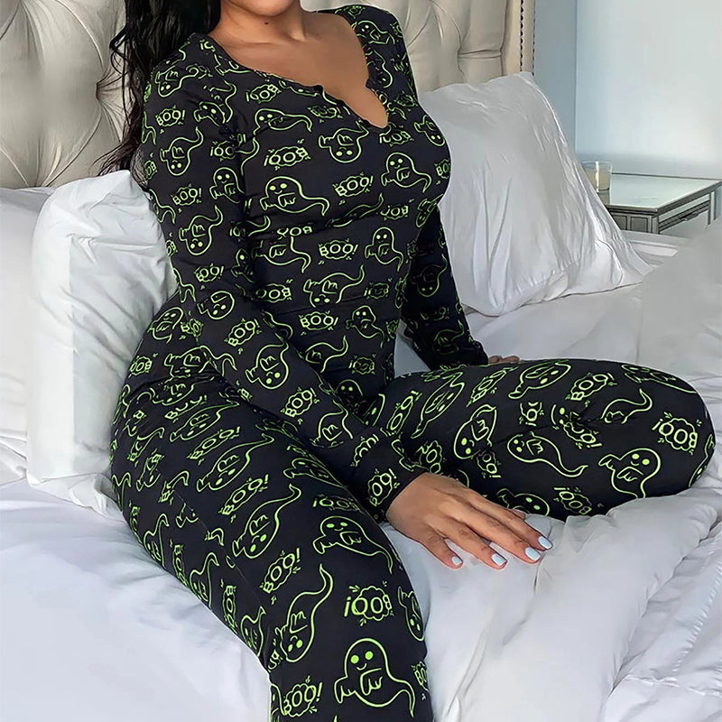 Halloween Jumpsuit Pajamas - Long Sleeve Printed Loungewear