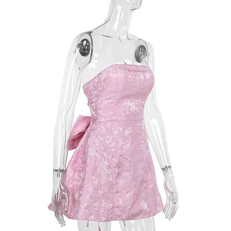 Jacquard Strapless Bow Mini Dress - A-Line Prom Gown