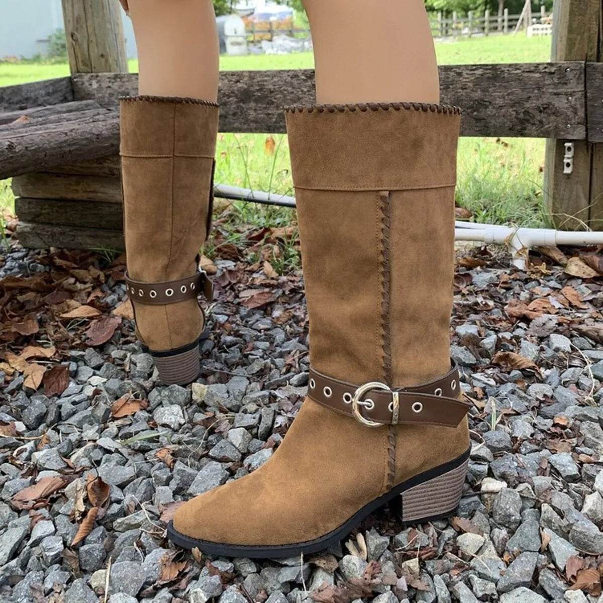 Point Toe Block Heels Boots - Mid Heel Ankle Boots - Fashions Envy
