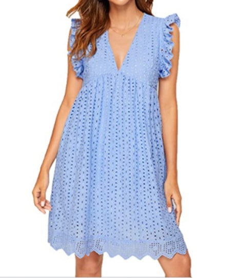 Lace Beach Dress - V-Neck Sleeveless Summer Dress with Pockets