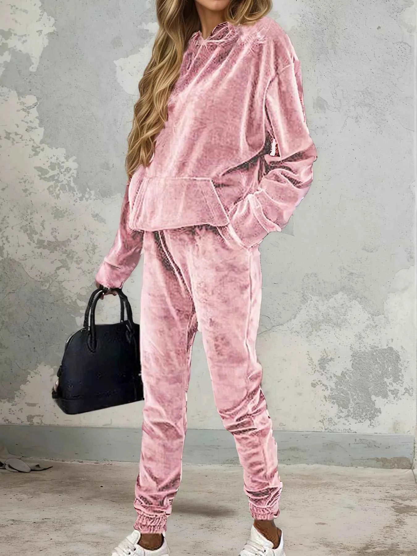 Velvet Long Sleeve Hoodie and Pants Set