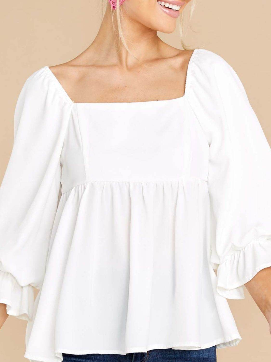 Smocked Square Neck Flounce Sleeve Blouse - Fashions Envy