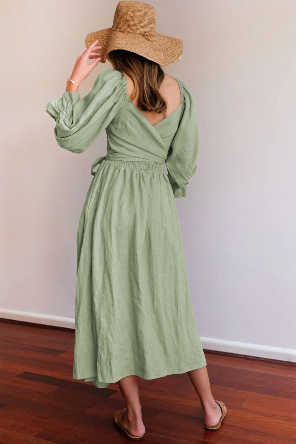 Smocked Square Neck Flounce Sleeve Midi Dress