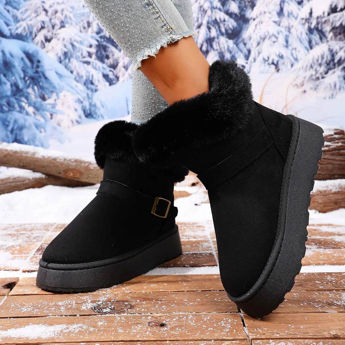 Cozy Round Toe Platform Boots with Fluff Lining - Fashions Envy