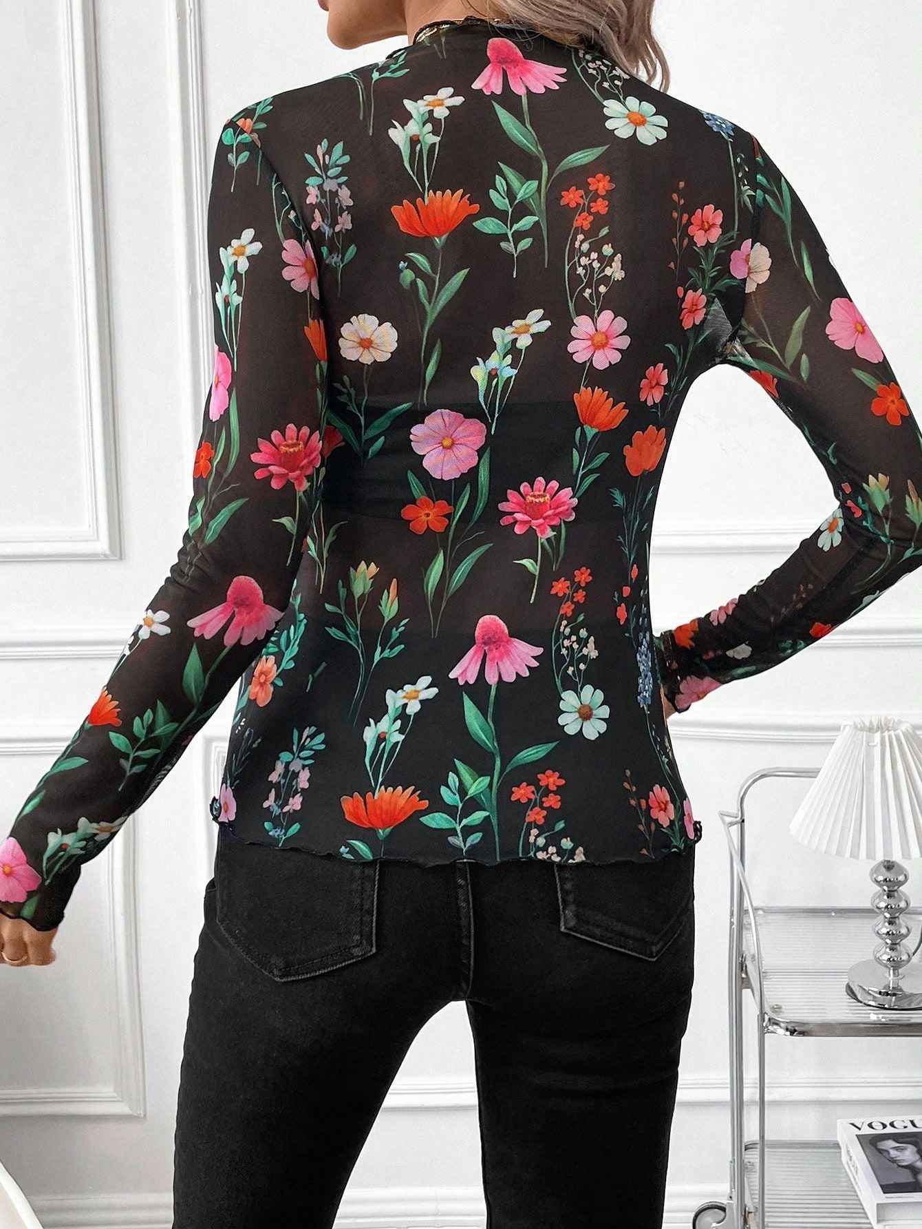 Small Stand-up Collar Blouse - Long Sleeve Mesh Top