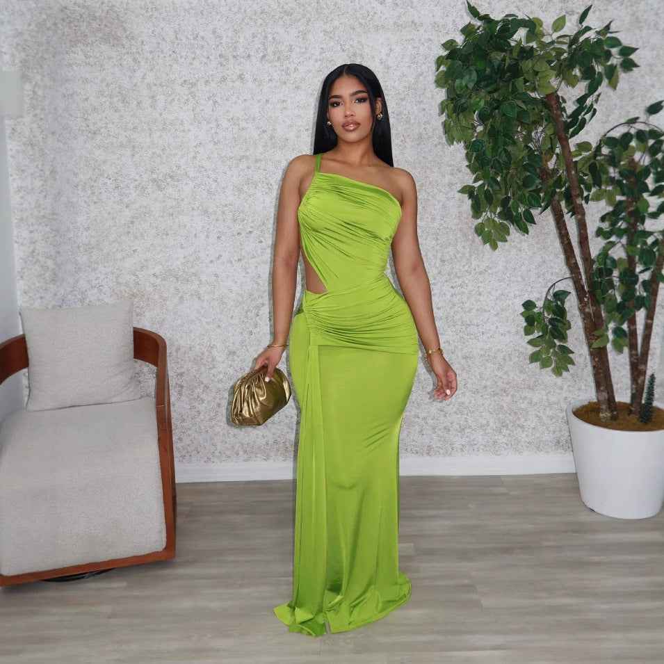 One Shoulder Cutout Maxi Dress - Pleated Bodycon Fit
