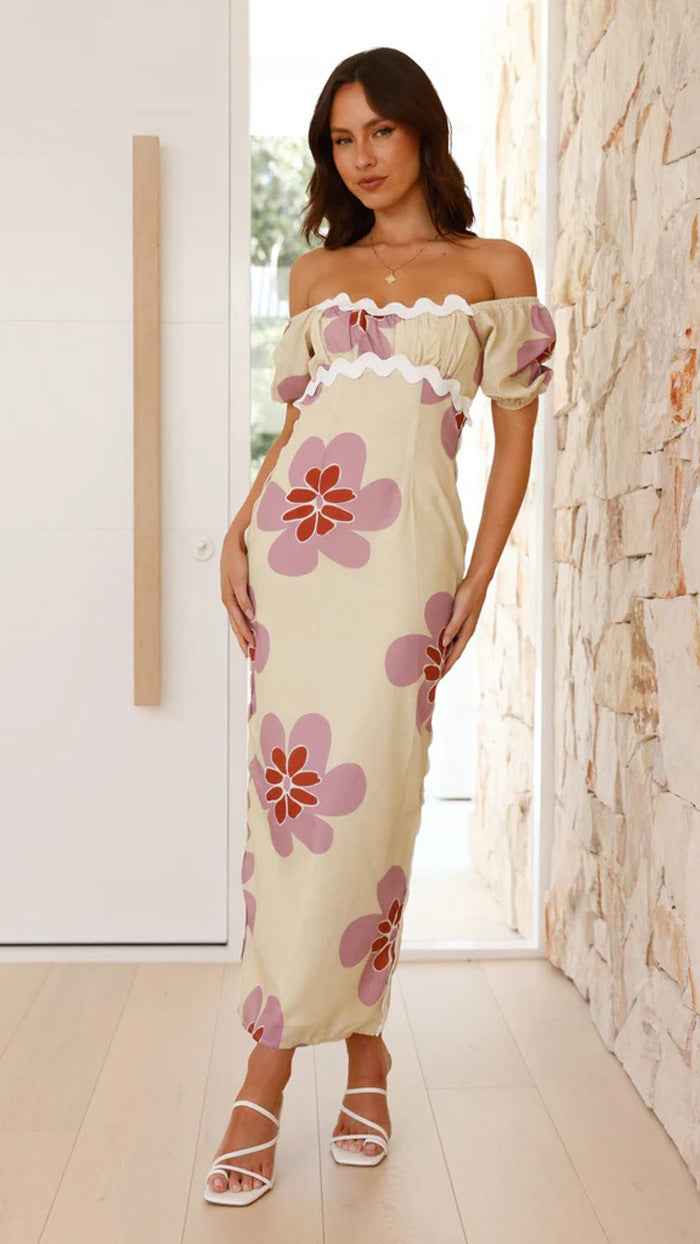 Floral Print Midi Dress - Short Sleeve Front Slit Style