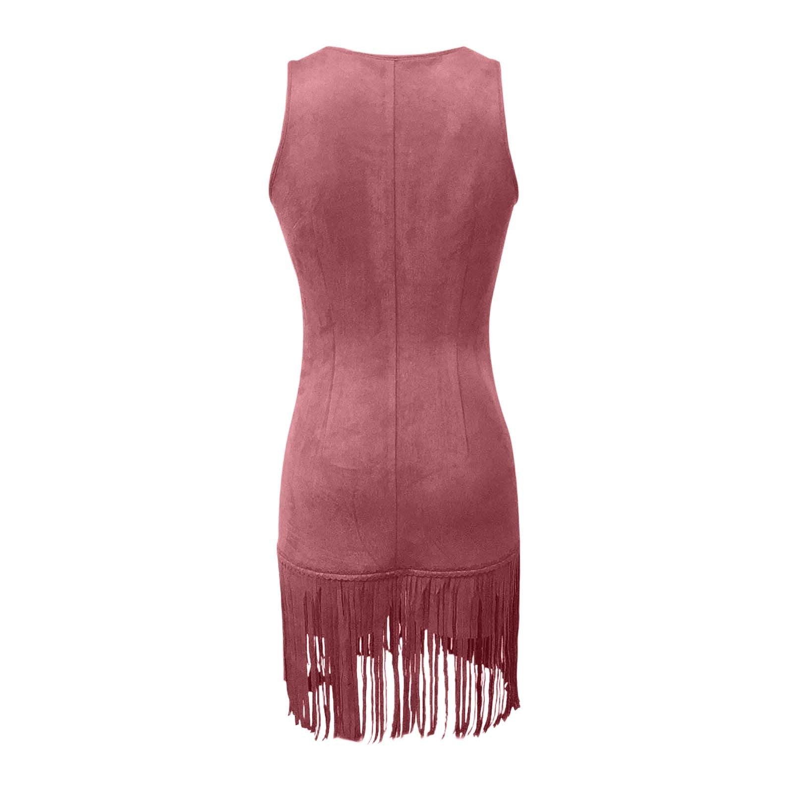 Women's Western Style Vest Dress - V-Neck Button Front Mini with Fringe