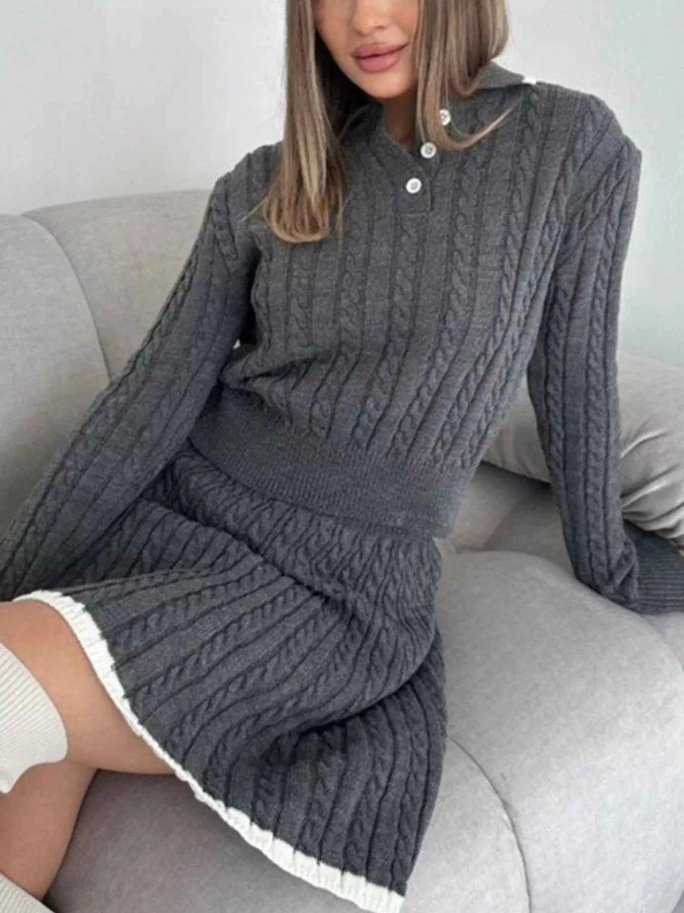 Cable Knit Long Sleeve Top and Skirt Sweater Set