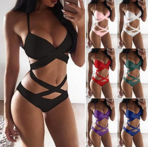 Black strappy swimsuit with color options displayed.