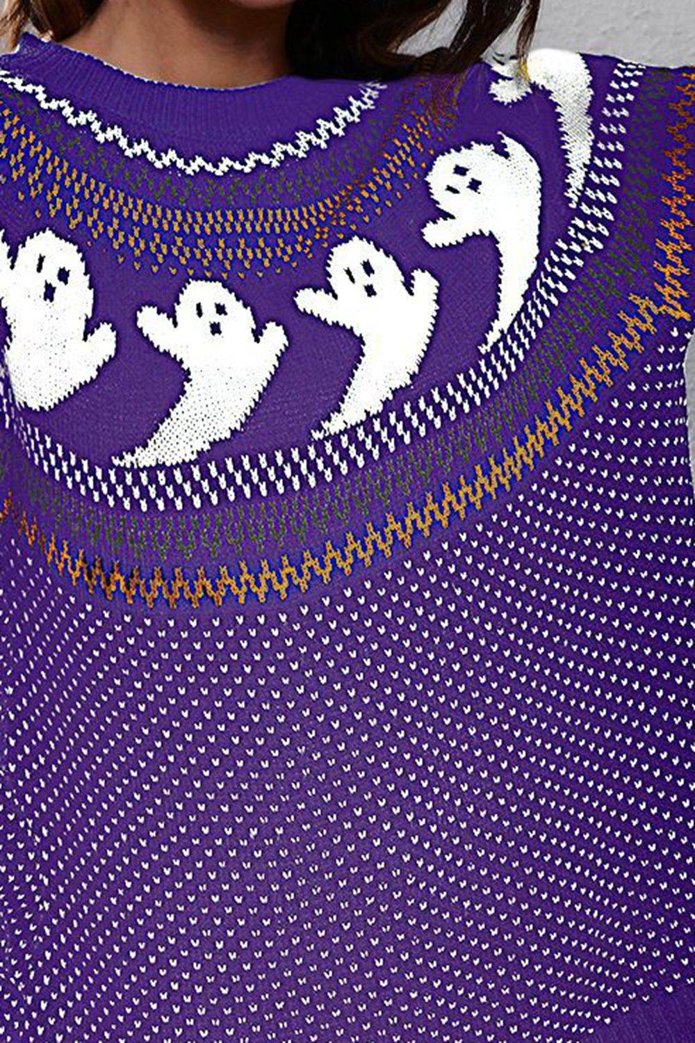 Ghost Pattern Round Neck Long Sleeve Sweater - Fashions Envy