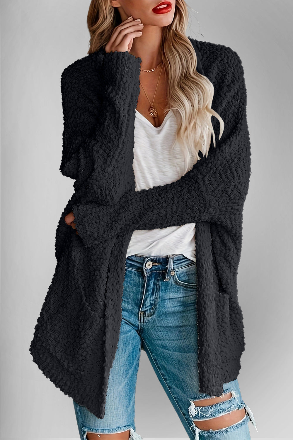 Double Take Pocketed Open Front Long Sleeve Cardigan - Fashions Envy