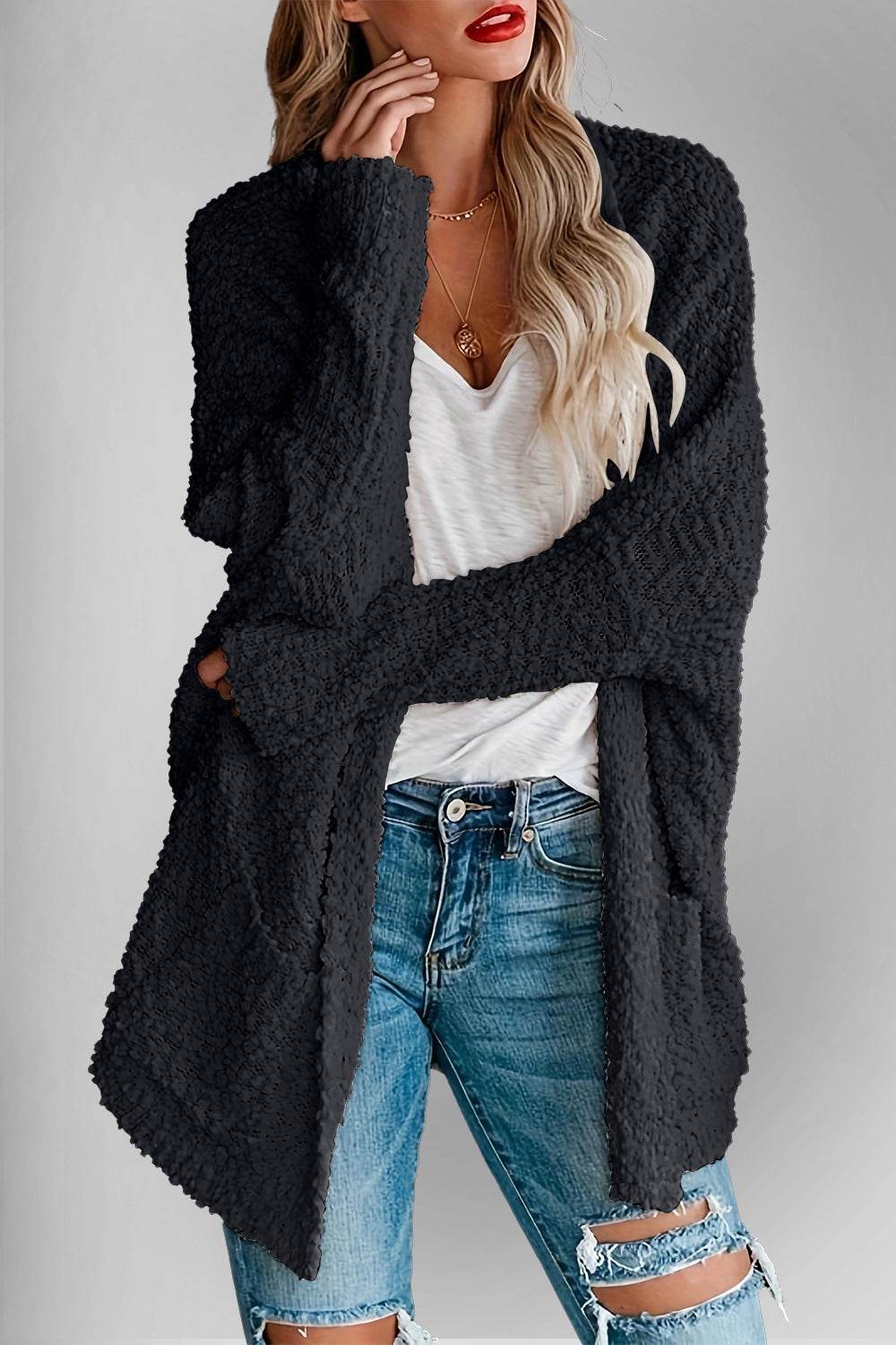 Double Take Pocketed Open Front Long Sleeve Cardigan - Fashions Envy