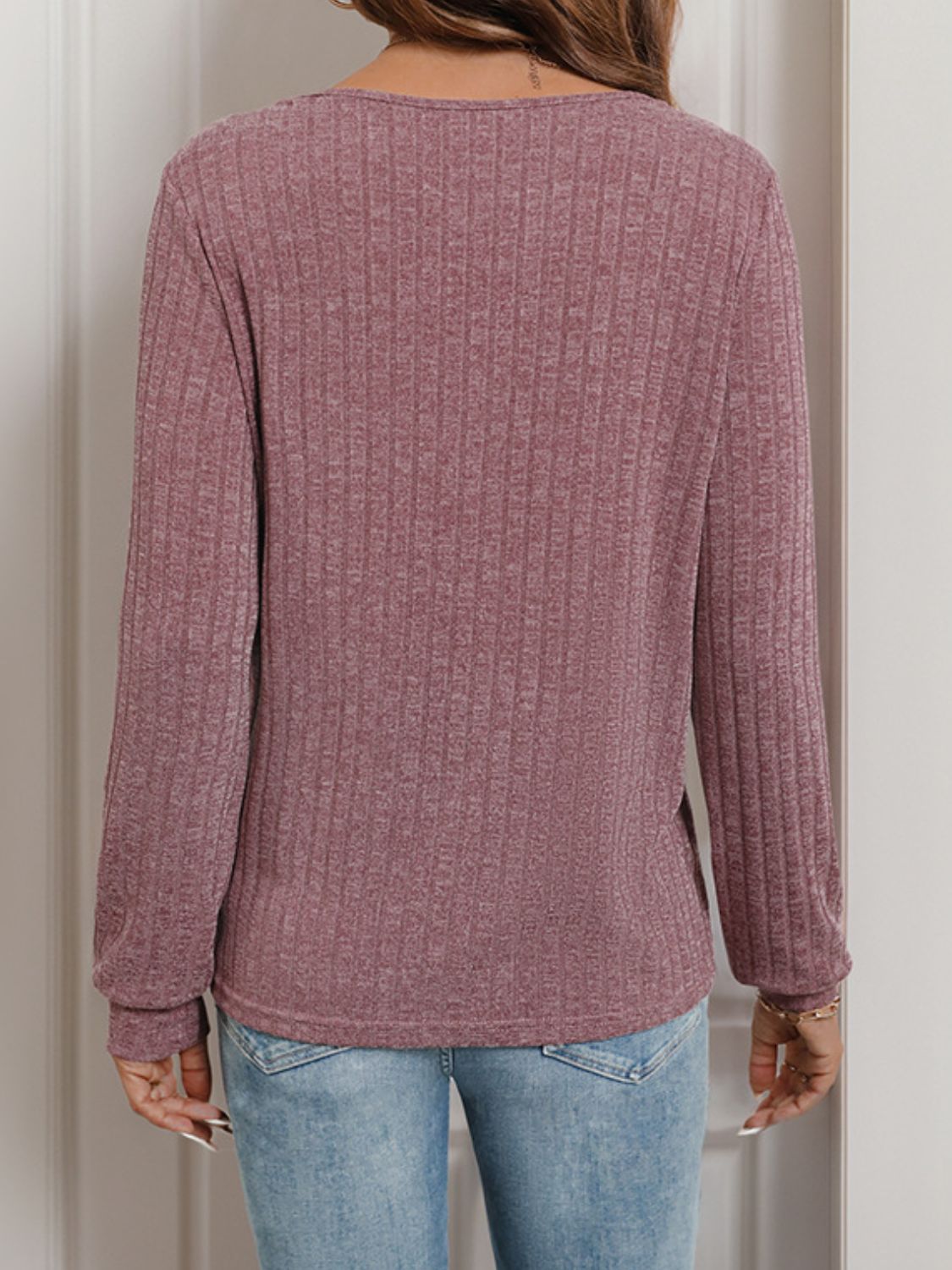 Square Neck Long Sleeve Top - Button Detail Style