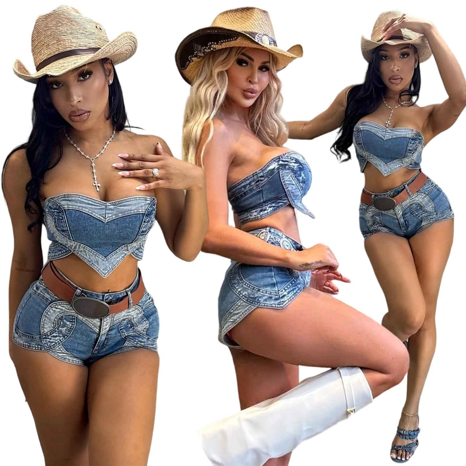 Sexy Heart-shaped Washed Denim Set - Western Style Outfit