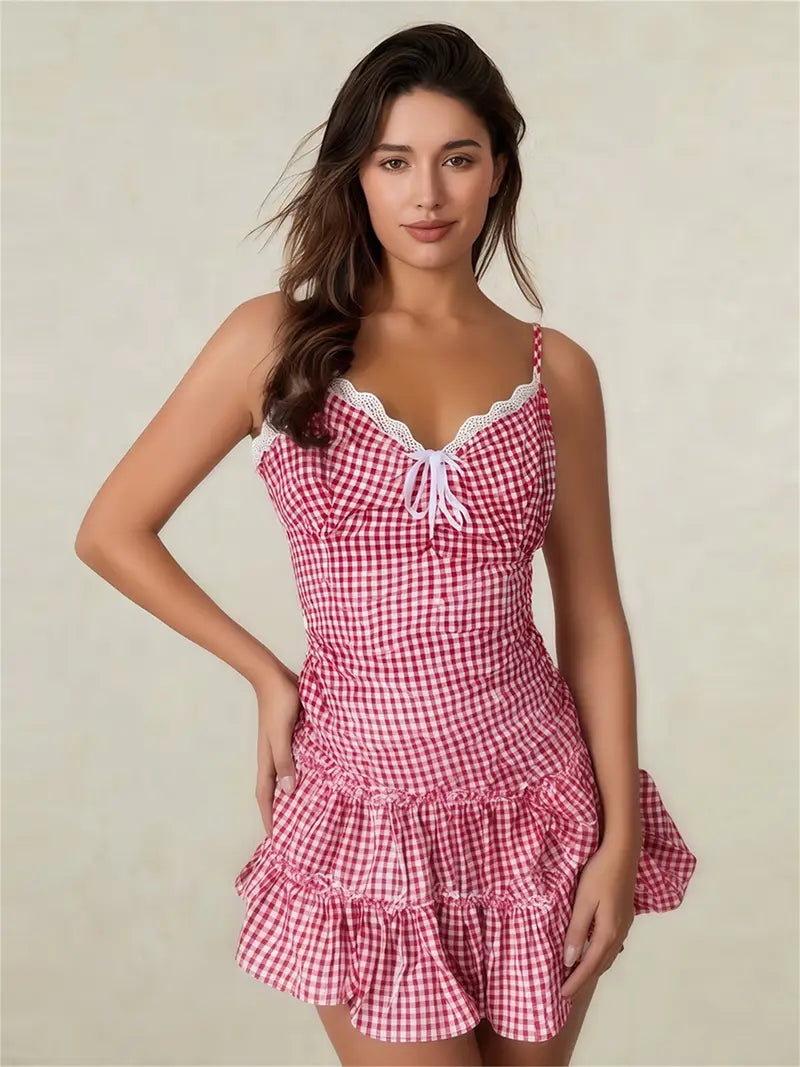 Sleeveless Casual Lace Trim Plaid Print Backless Ruffled Mini Dress - Party Dress for Vacation Beach Streetwear