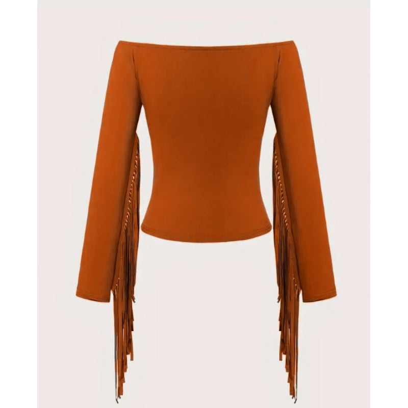 Western Cowgirl Off-Shoulder Fringe Slim Fitted Top
