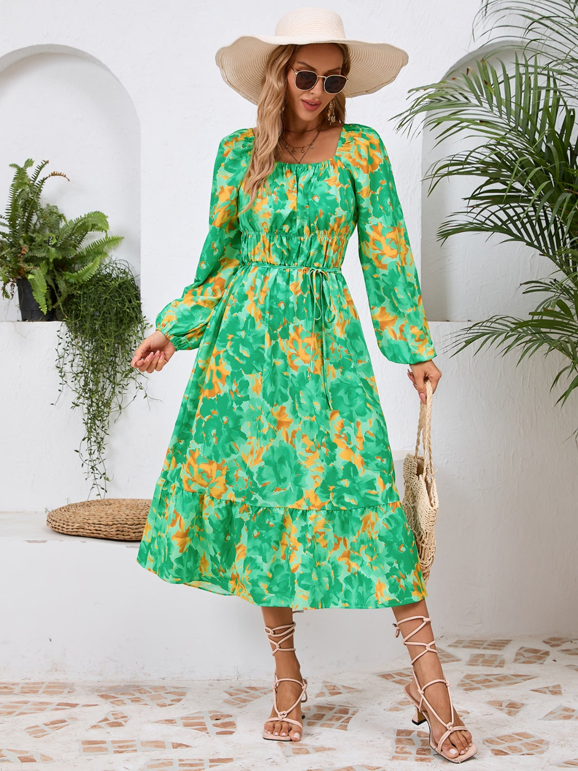 Floral Printed Long Sleeve Midi Dress