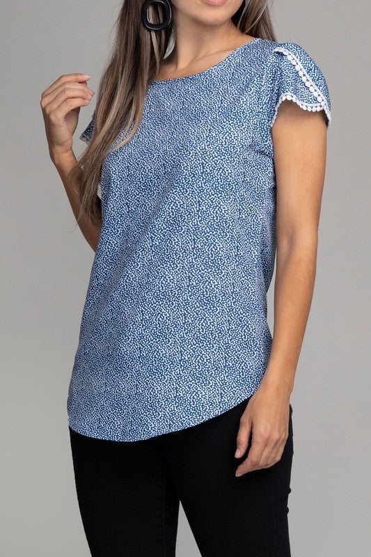 Petal Sleeve Satin Top with Lace Trim