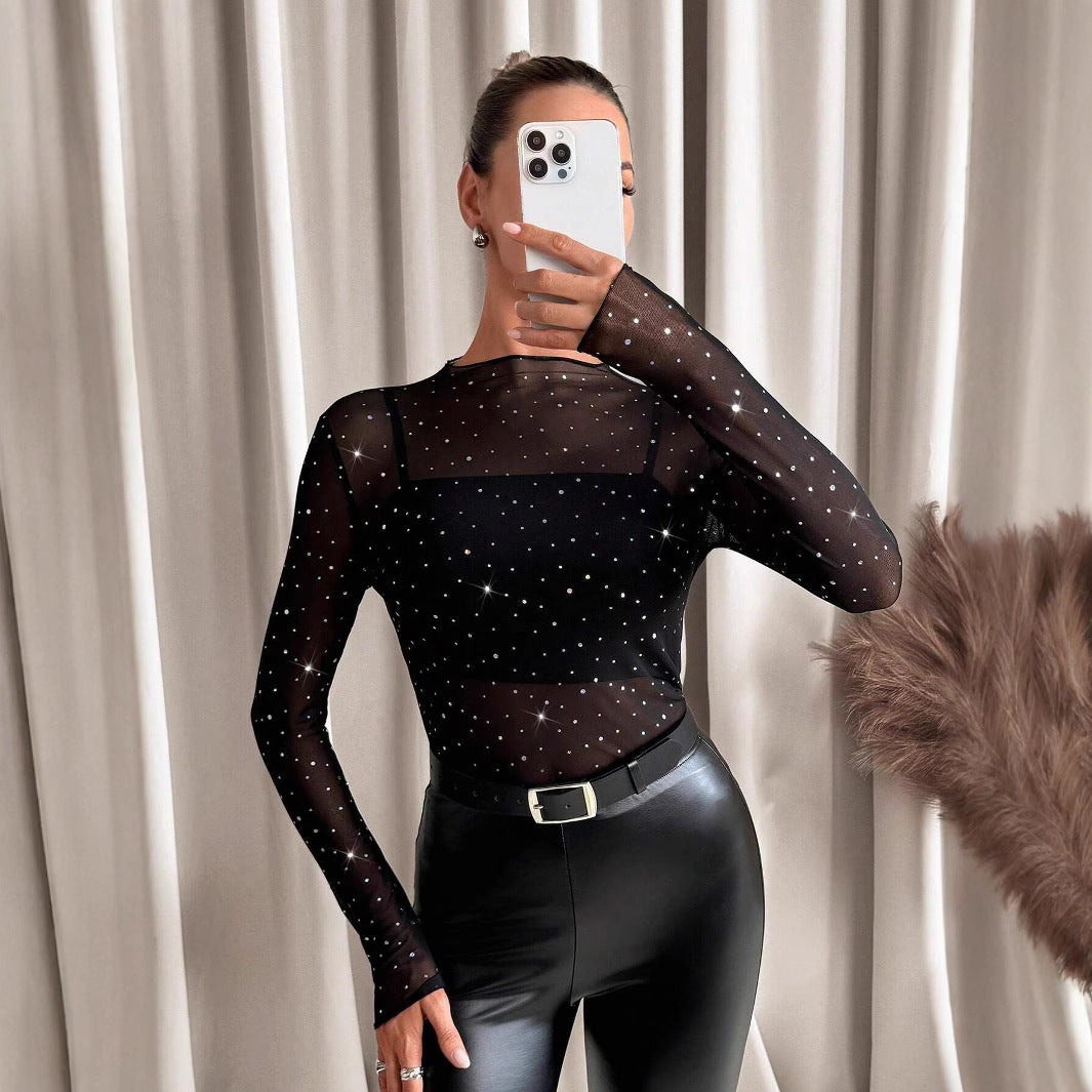 Transparent Mesh Top - Rhinestone Long Sleeve Stand Collar