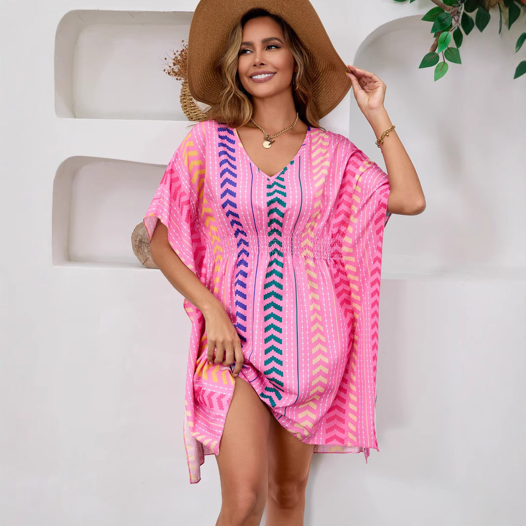 Printed Dress V-Neck Kaftan - Bohemian Vacation Style