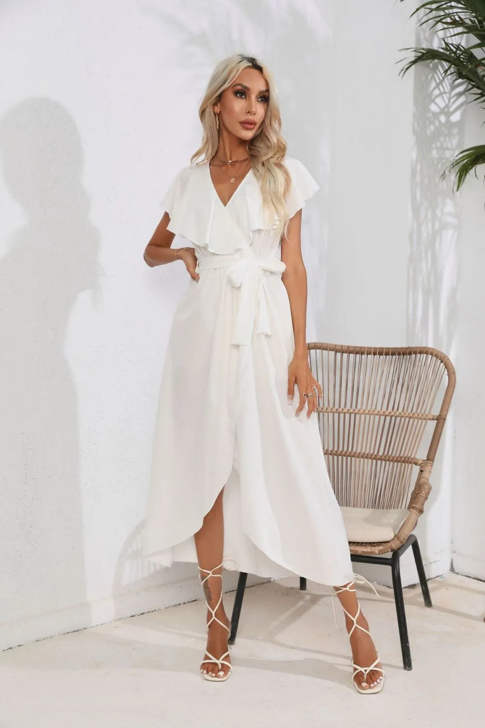 Tied Front Midi Dress - Ruffle Short Sleeve Slit Hem