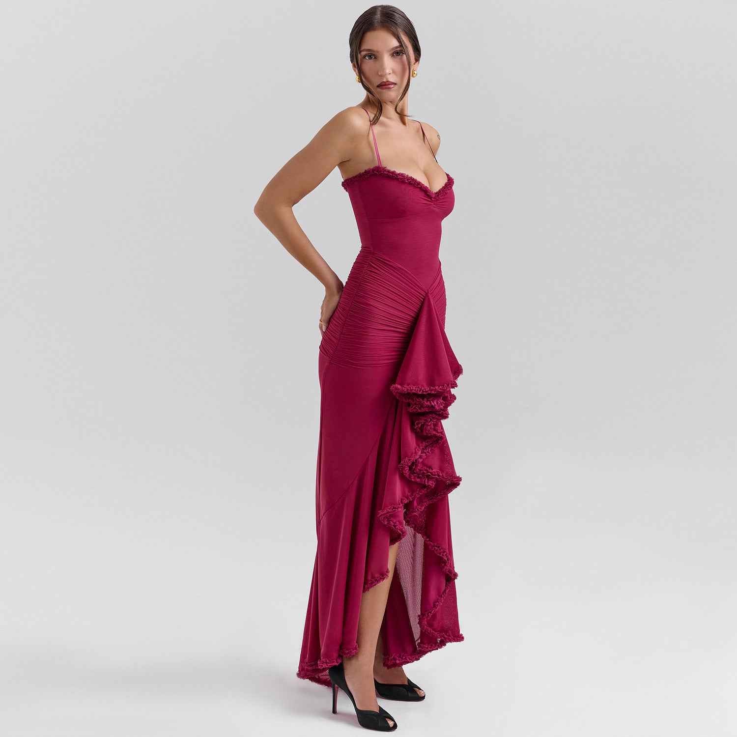 Spaghetti Strap Mesh Maxi Dress - Layered Irregular Hem