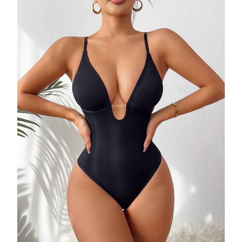 Deep V-Neck Thong Bodysuit - Tummy Control Shapewear