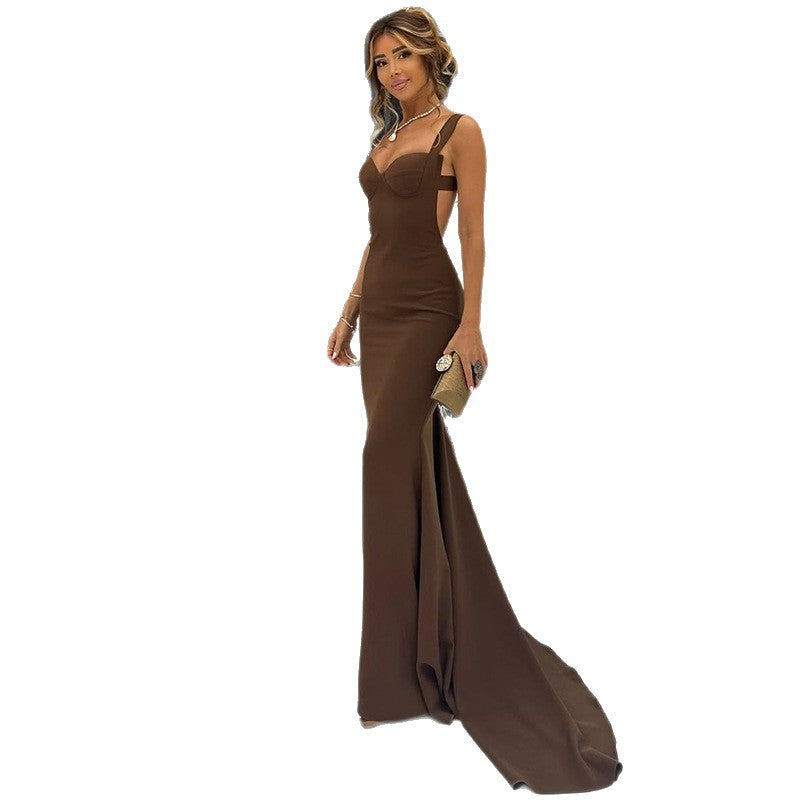 Pleated Strap Prom Gown - Dramatic Train Evening Dress