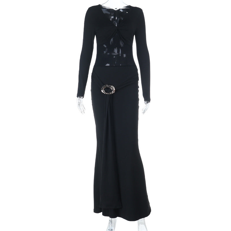 Black Mesh Maxi Dress - Long Sleeve V-Neck Evening Gown