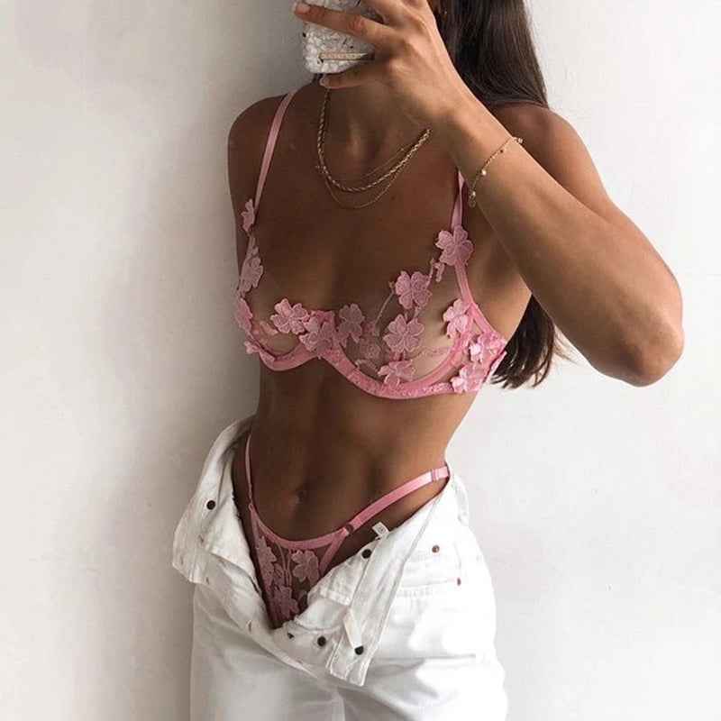 See-through Embroidered Lingerie Set - Sexy Thong and Bra