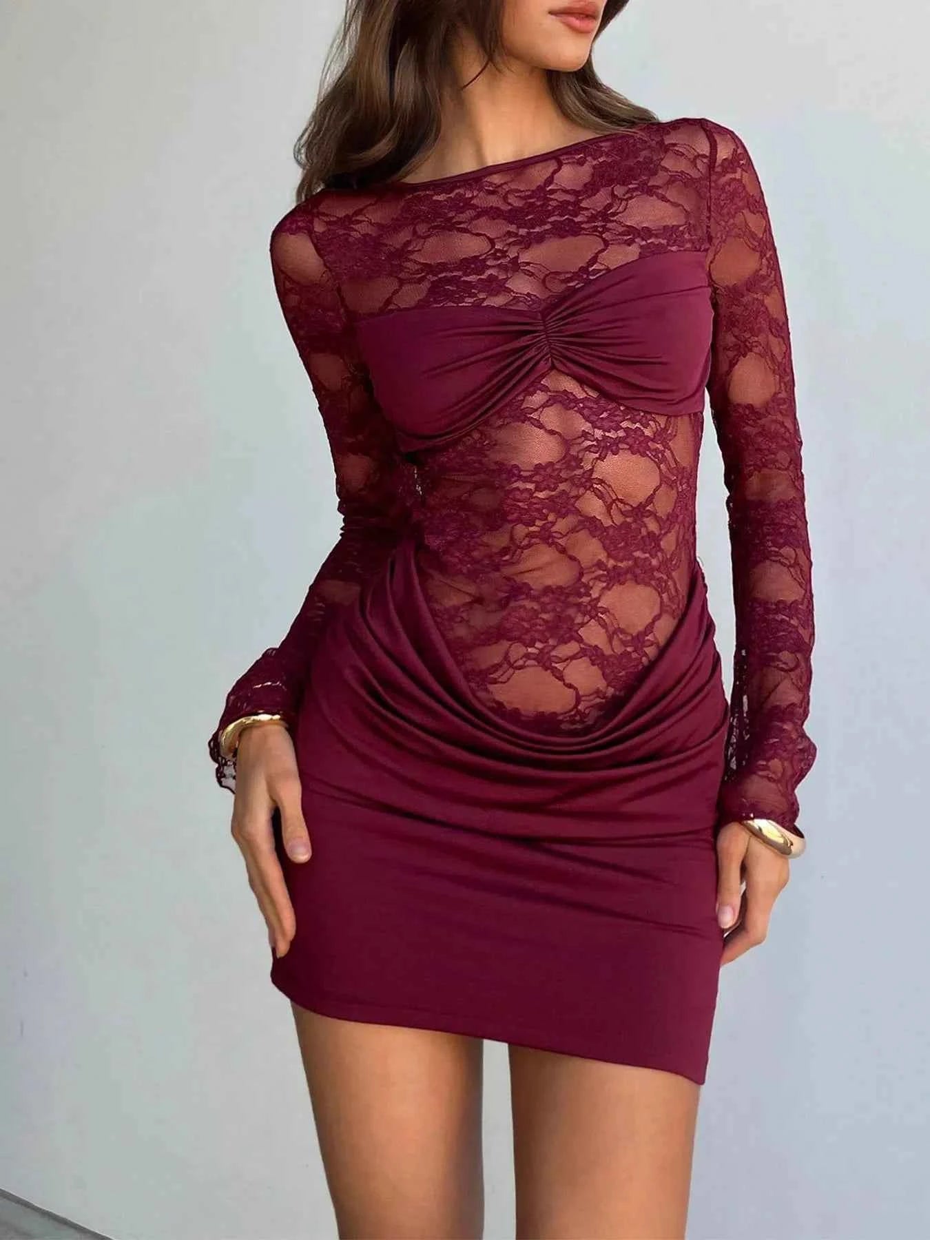 Lace Sheer Cutout Back Long Sleeve Ruched Dress