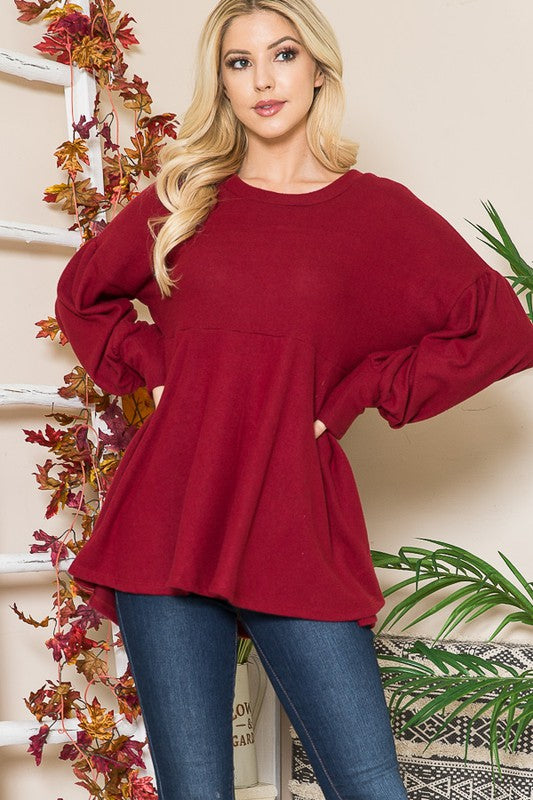 Long Sleeve Round Neck Soft Knit Babydoll Top