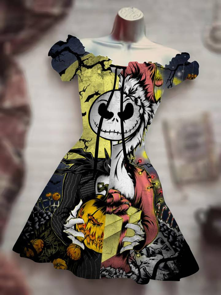 Skull Print Drawstring Dress - 3D Halloween Outfit