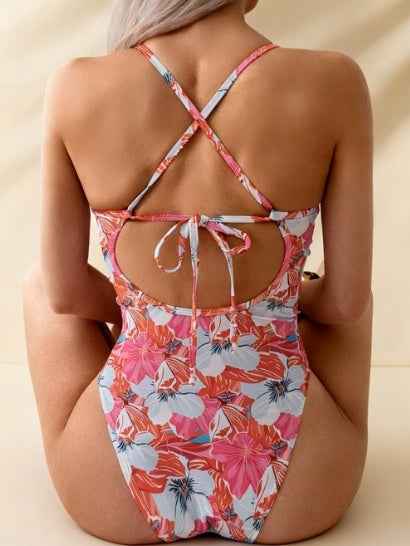 Pink Floral One Piece Swimsuit - Lace Up Scoop Neck