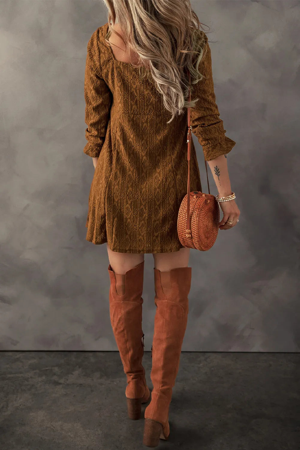 Decorative Button Textured Square Neck Mini Dress