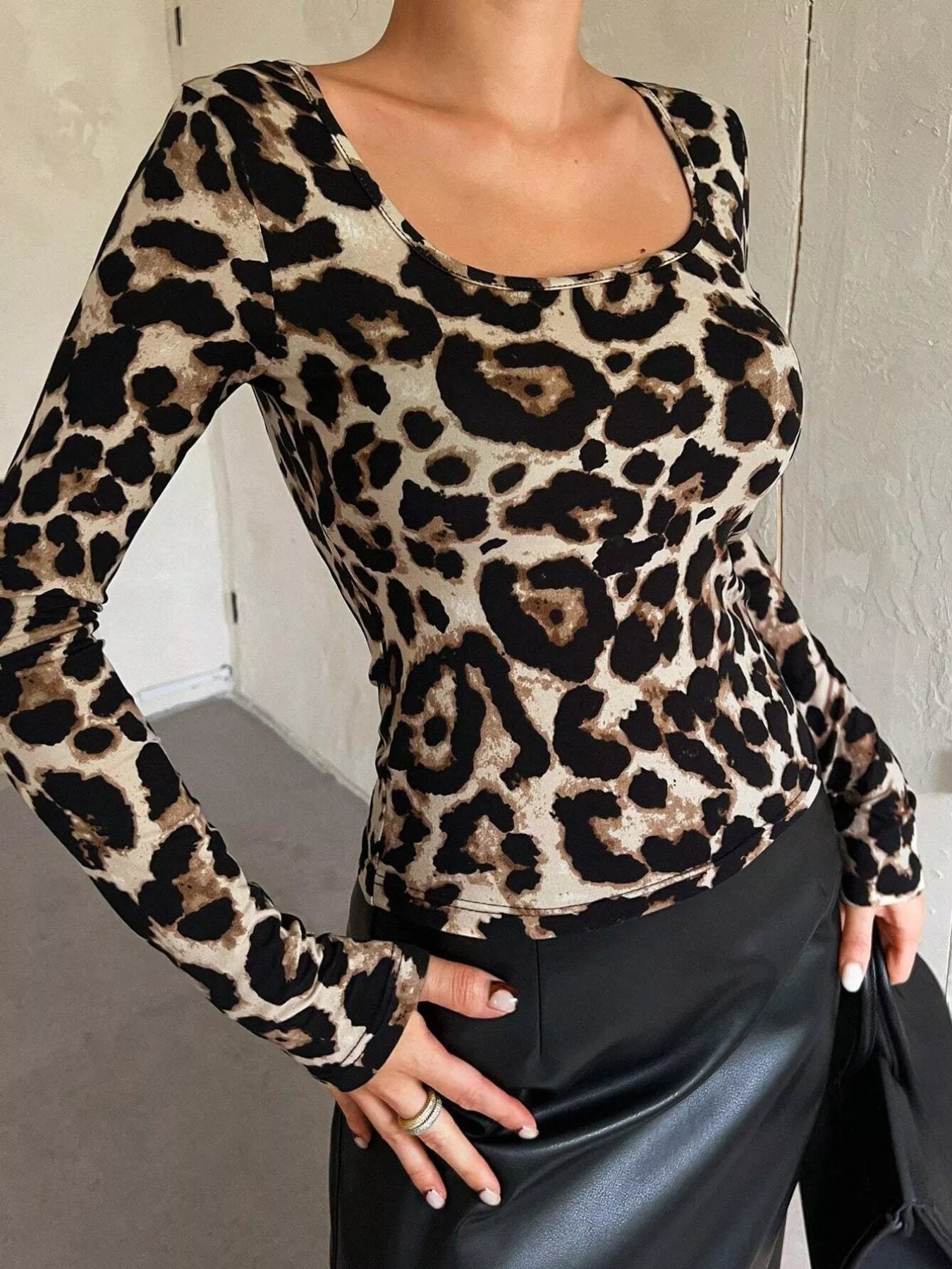 Leopard Print Top - Square Neck Long Sleeve - Fashions Envy