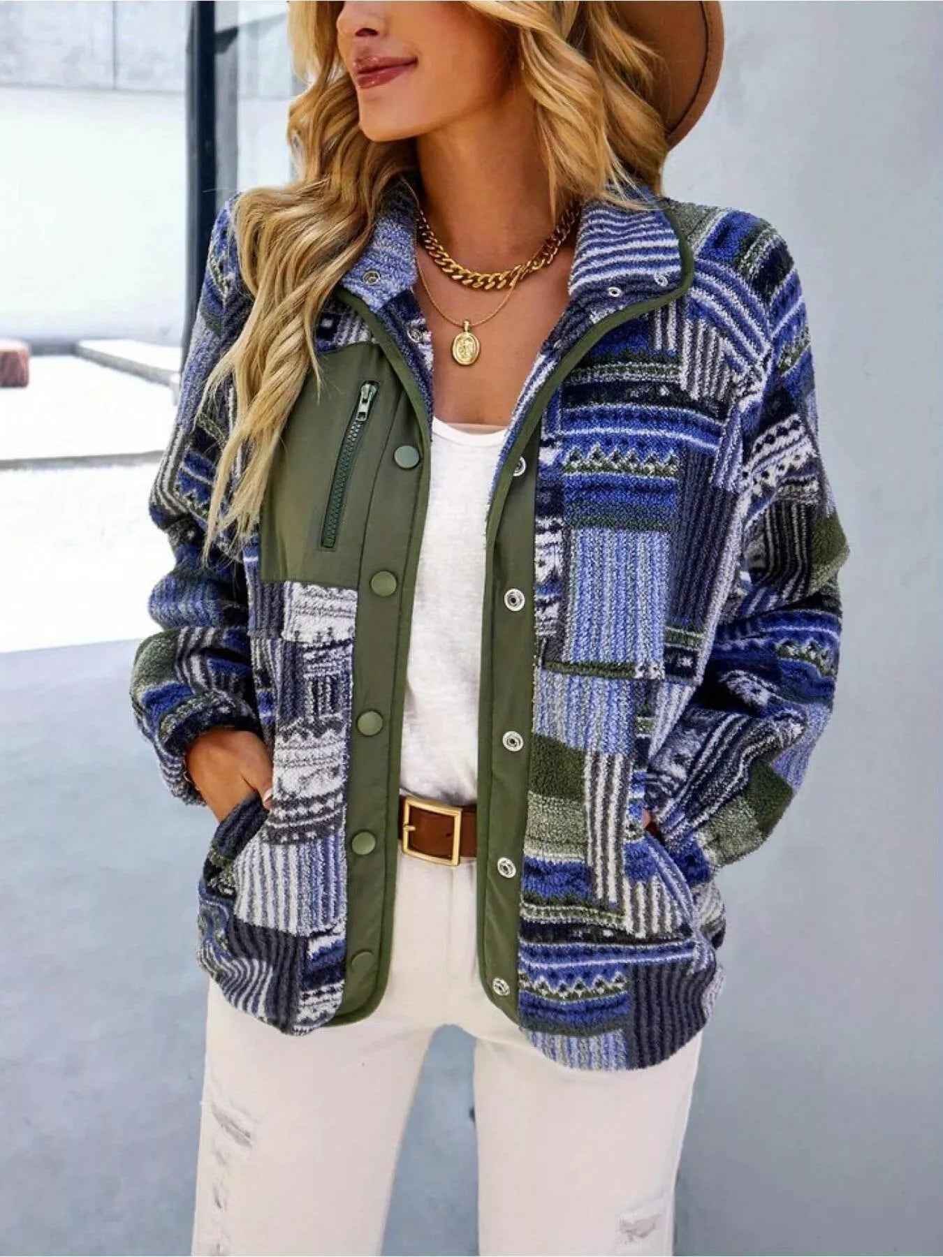 Aztec Print Fleece Jacket - Snap-Down Southwestern Style - Fashions Envy