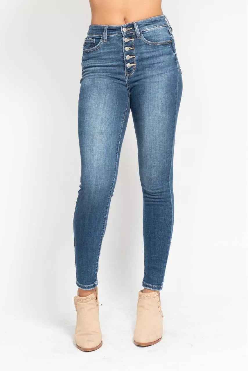 Judy Blue Full Size High Rise Button Fly Skinny Jeans Plus Size - Fashions Envy