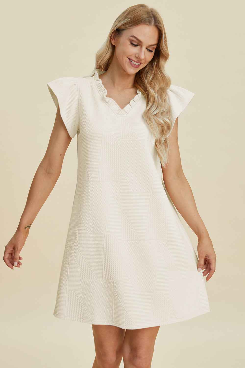 Double Take Full Size Ruffled V-Neck Cap Sleeve Dress