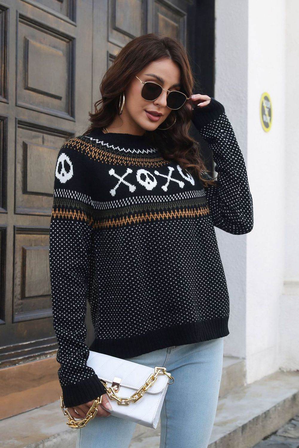 Ghost Pattern Round Neck Long Sleeve Sweater - Fashions Envy