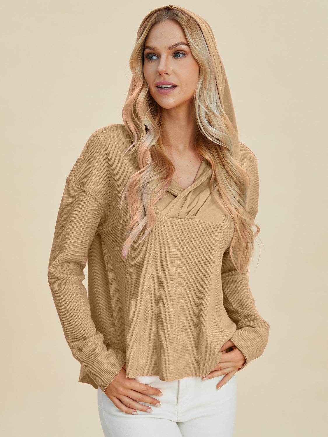 Double Take Full Size High-Low Dropped Shoulder Long Sleeve Hoodie
