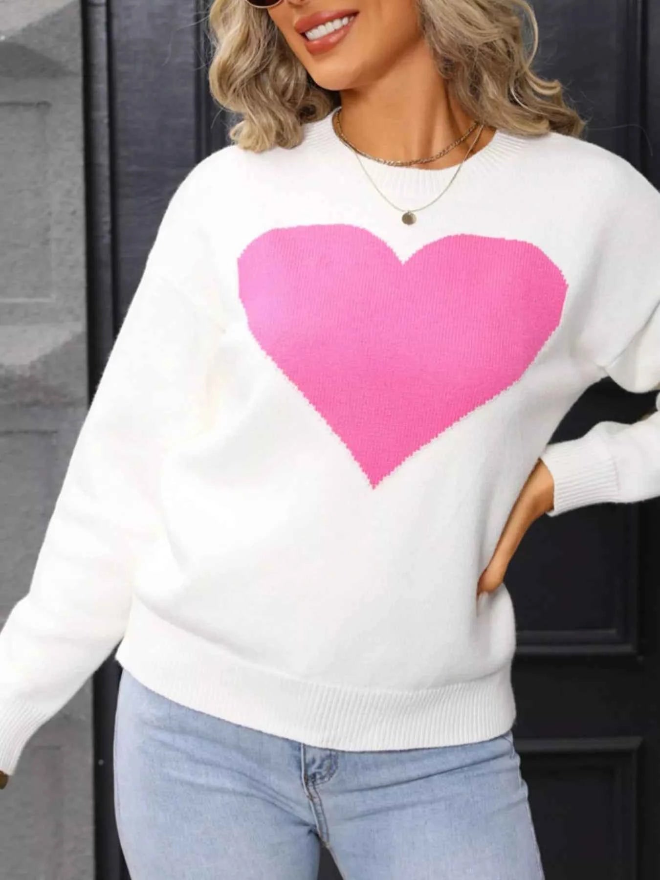 Valentine's Day Heart Round Neck Dropped Shoulder Sweater - Fashions Envy