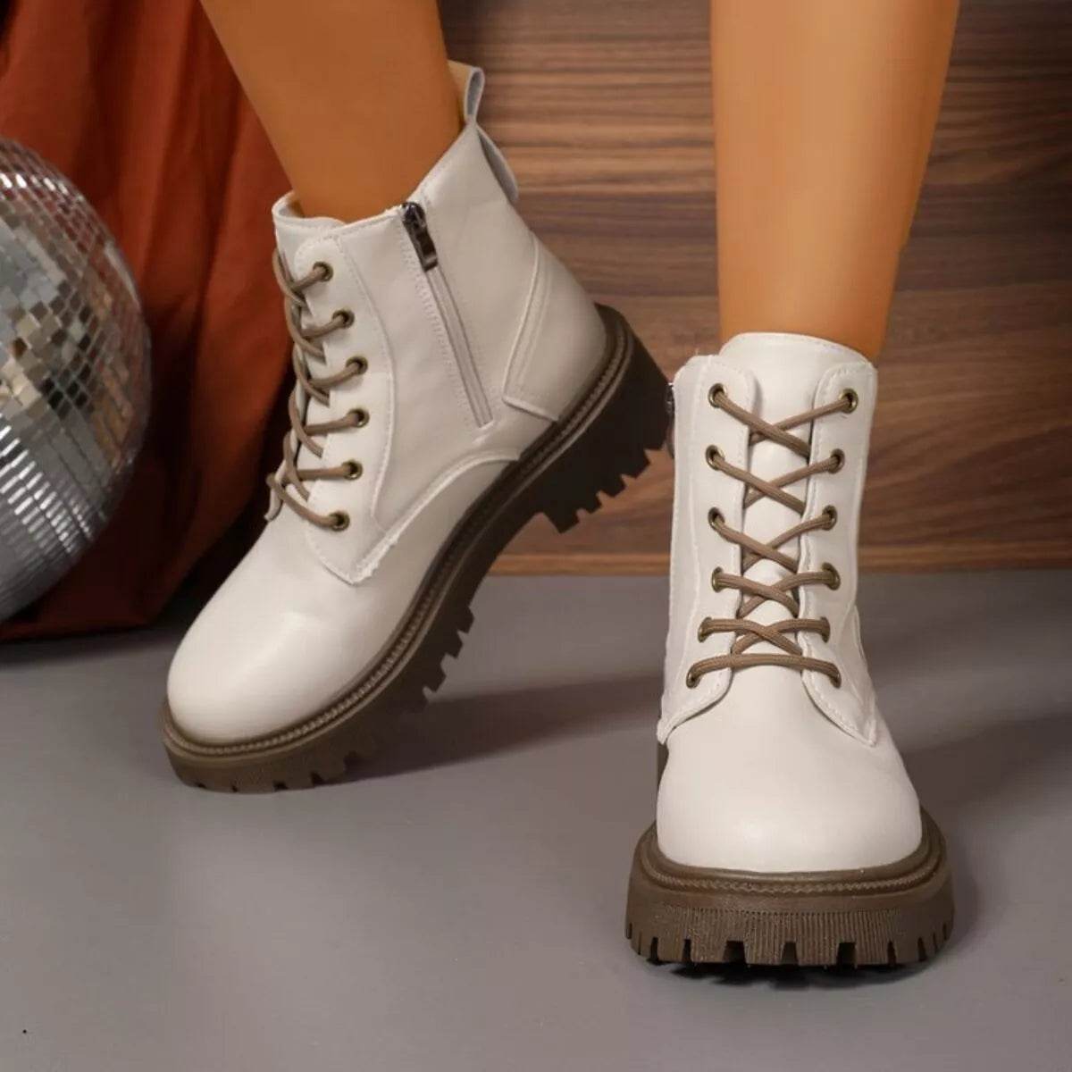 Lace Up Round Toe Boots - Mid Heel Ankle Boots - Fashions Envy
