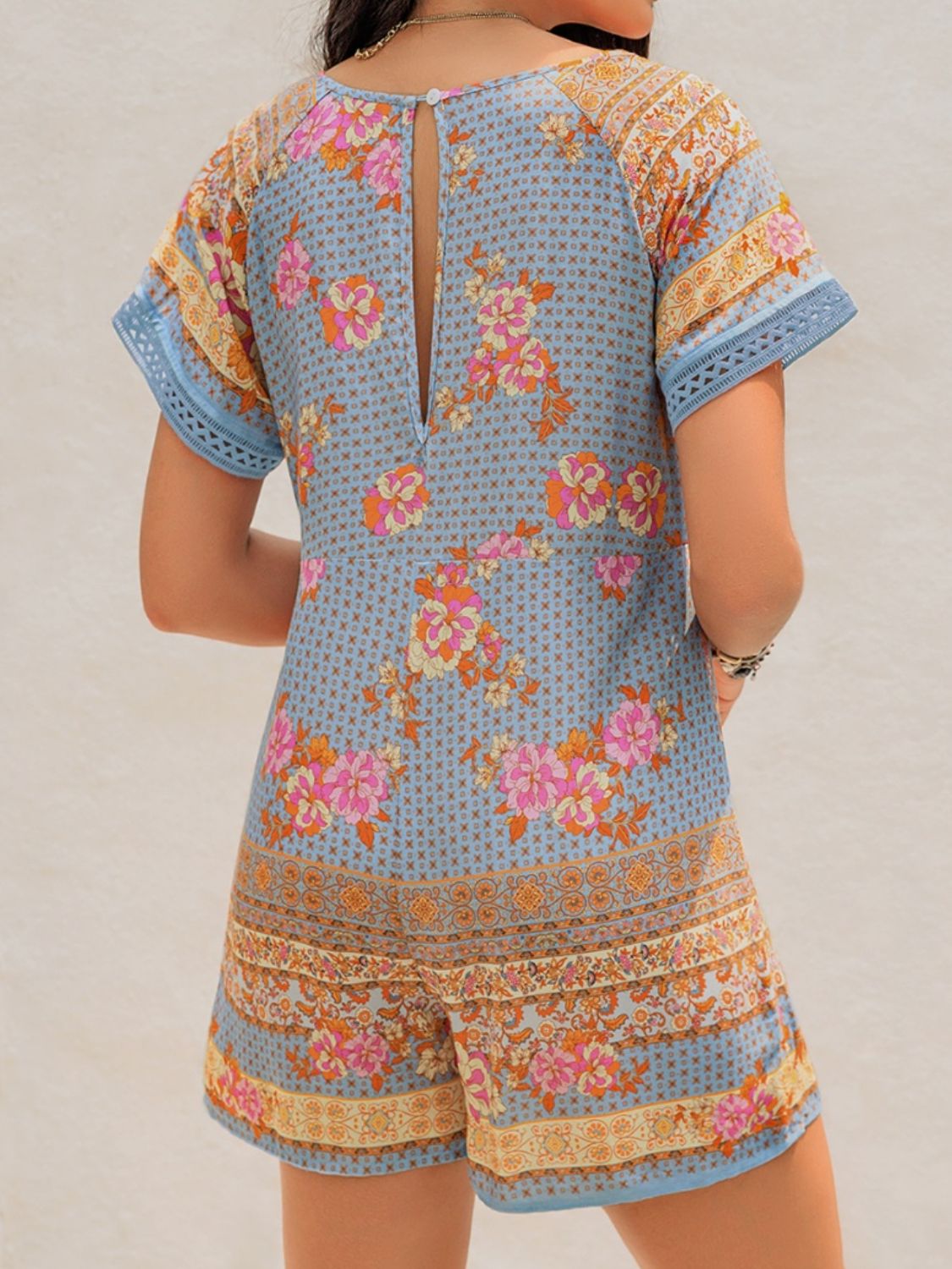 Printed V-Neck Short Sleeve Light Blue Romper